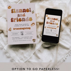 Pode incluir: Um convite com o texto "flannel and friends" em laranja e castanho, com um desenho de ab&oacute;bora e folha. Um smartphone exibe o mesmo convite. O convite &eacute; para um evento Friendsgiving em 18 de novembro.