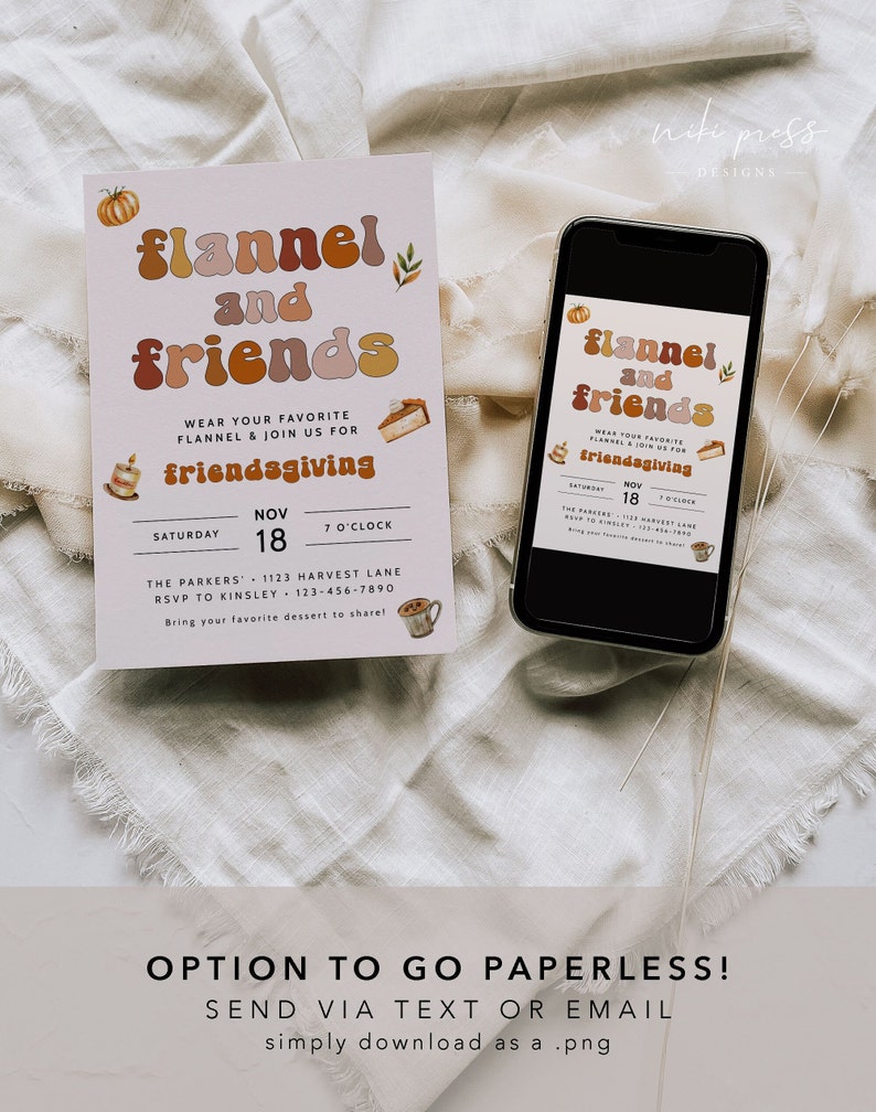 Pode incluir: Um convite com o texto "flannel and friends" em laranja e castanho, com um desenho de ab&oacute;bora e folha. Um smartphone exibe o mesmo convite. O convite &eacute; para um evento Friendsgiving em 18 de novembro.