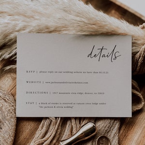Plantilla de tarjeta con detalles de boda: inserto de tarjeta de boda imprimible: tarjeta con detalles de boda editable: papelería minimalista para bodas