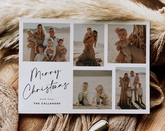 May include: A Christmas card with a collage of family photos. The card has a white background with black text that reads "Merry Christmas with love, THE CALLAHANS".