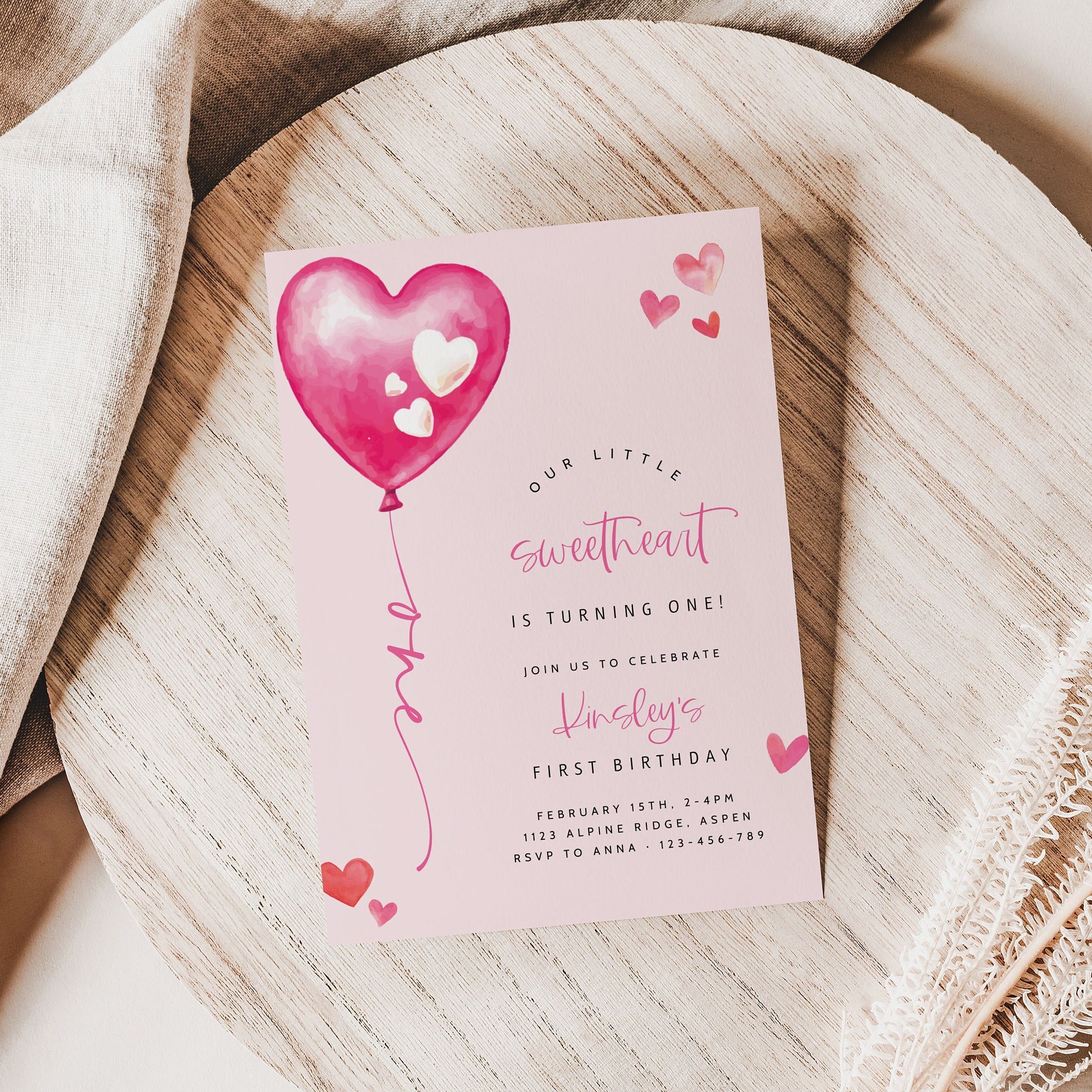 February Invite Pink Hearts First Birthday Invitation Template, Our Little Sweetheart ...