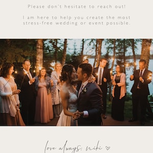 May include: A couple dances under a canopy of trees with sparklers held by their guests. The bride is wearing a white wedding dress and the groom is wearing a dark suit. The text "love always. niki" is written in cursive below the image.