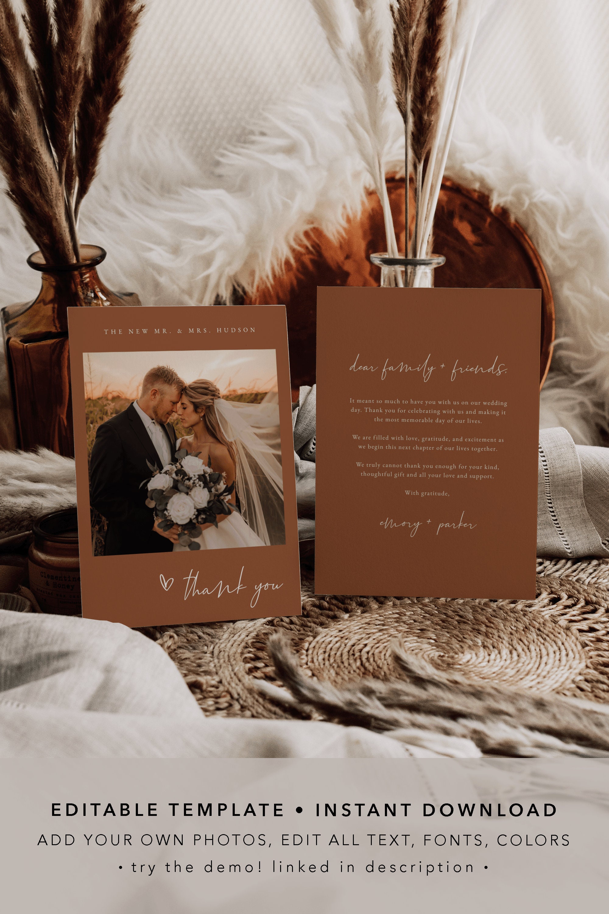Terracotta Wedding Thank You Card Template — Editable Photo Thank You ...