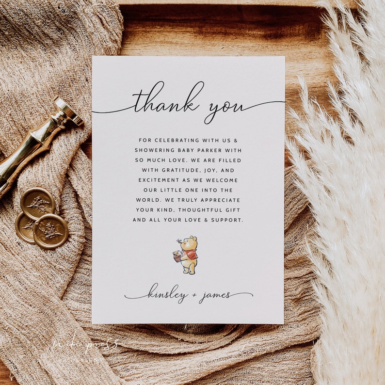 Winnie the Pooh Baby Shower Thank You Card Template, Pooh Bear Baby Shower Thank You Notes, Gender Neutral Baby Shower, Editable Thank Yous