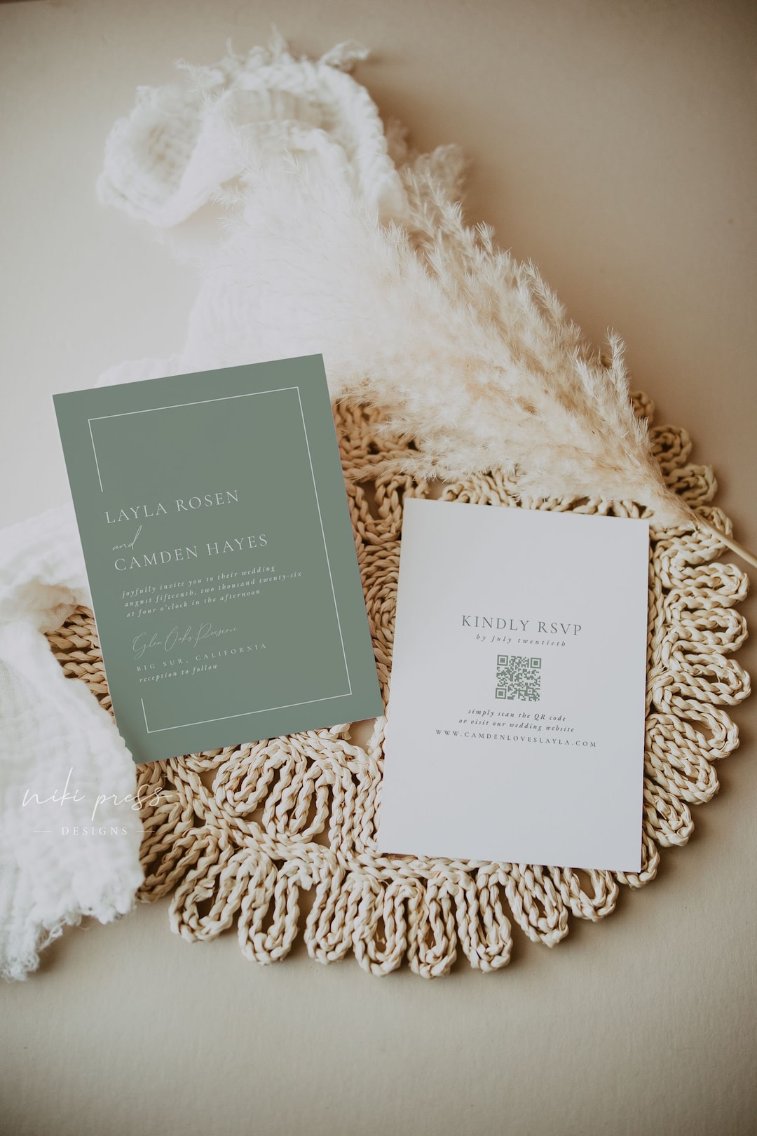 Elegant Sage Green Wedding Invitation With QR Code Template, Minimalist ...