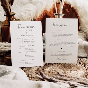 May include: A white card with black text outlining the weekend details for a wedding. The card lists the wedding rehearsal, dinner, ceremony, and reception, all taking place at Canyon Crest Lodge. The card also lists a farewell brunch at Morning Glory Eatery. A second white card with black text lists things to do in the area, including restaurants, activities, and a thank you message.