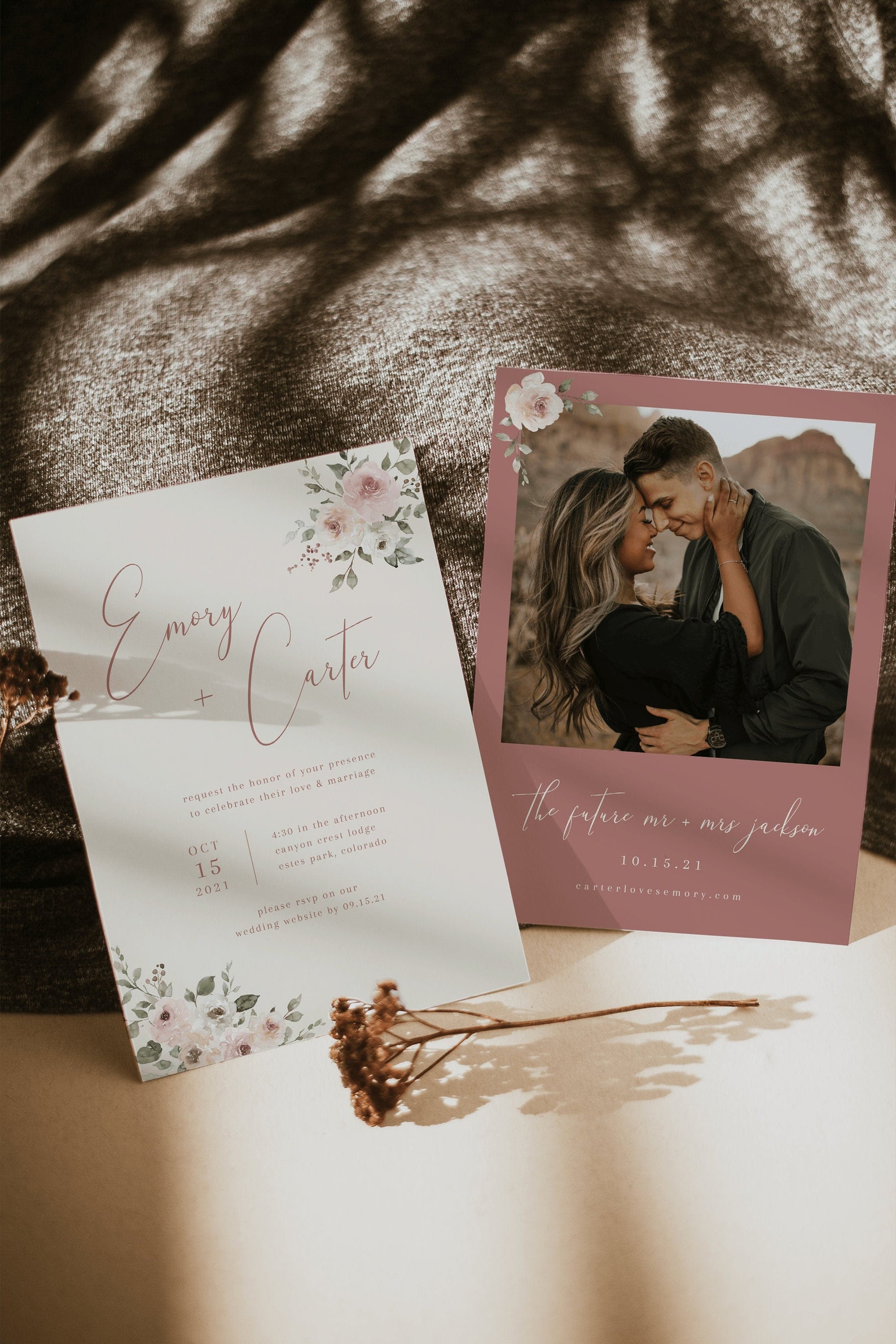 Dusty Rose Wedding Invitation With Photo Template Floral - Etsy