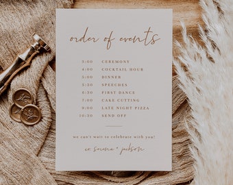 Terracotta Wedding Order of Events Card Template — Wedding Timeline Card — Wedding Itinerary — Wedding Itinerary Template — Wedding Schedule