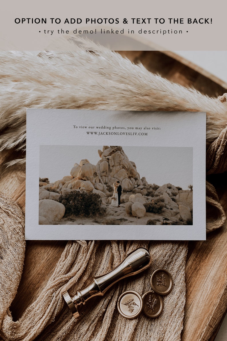 May include: A white card with a photo of a couple standing in front of a rocky landscape. The text on the card reads "To view our wedding photos, you may also visit: WWW.JACKSONLOVESLIV.COM".