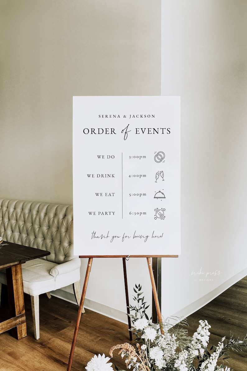 Wedding Order of Events Sign Template, Modern Wedding Welcome Sign, Wedding Timeline Sign, Order of the Day, Ellie Collection image 1