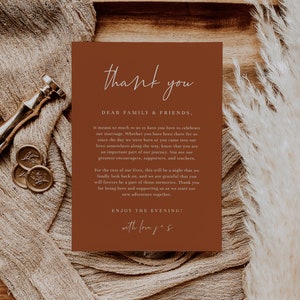 Terracotta Wedding Table Thank You Card Template — Printable Thank You Note — Wedding Thank You — Wedding Table Thank You Note - 4x9, 5x7