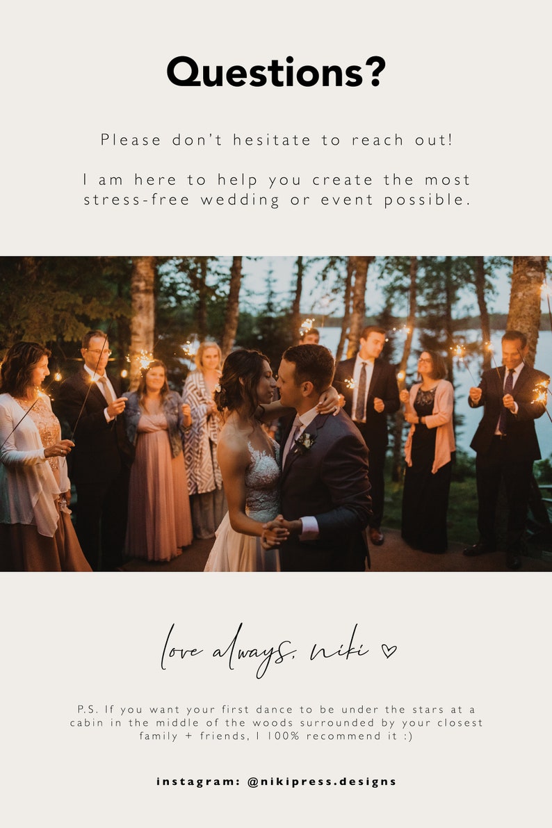 May include: A bride and groom dance under a canopy of trees with sparklers held by guests. The couple is surrounded by friends and family. The text "love always. niki" is written below the image. The text "instagram: @nikipress.designs" is written below the text.