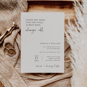 Plantilla de invitación para renovar votos / Invitación para aniversario de bodas imprimible / Te amé y aún te amo / Invitaciones modernas para renovar votos