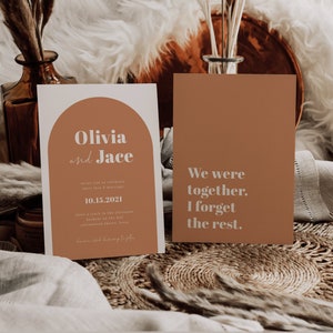 May include: Editable wedding invitation template with a modern arch design in brown and white. The text reads "Olivia and Jace" and "We were together. I forget the rest."