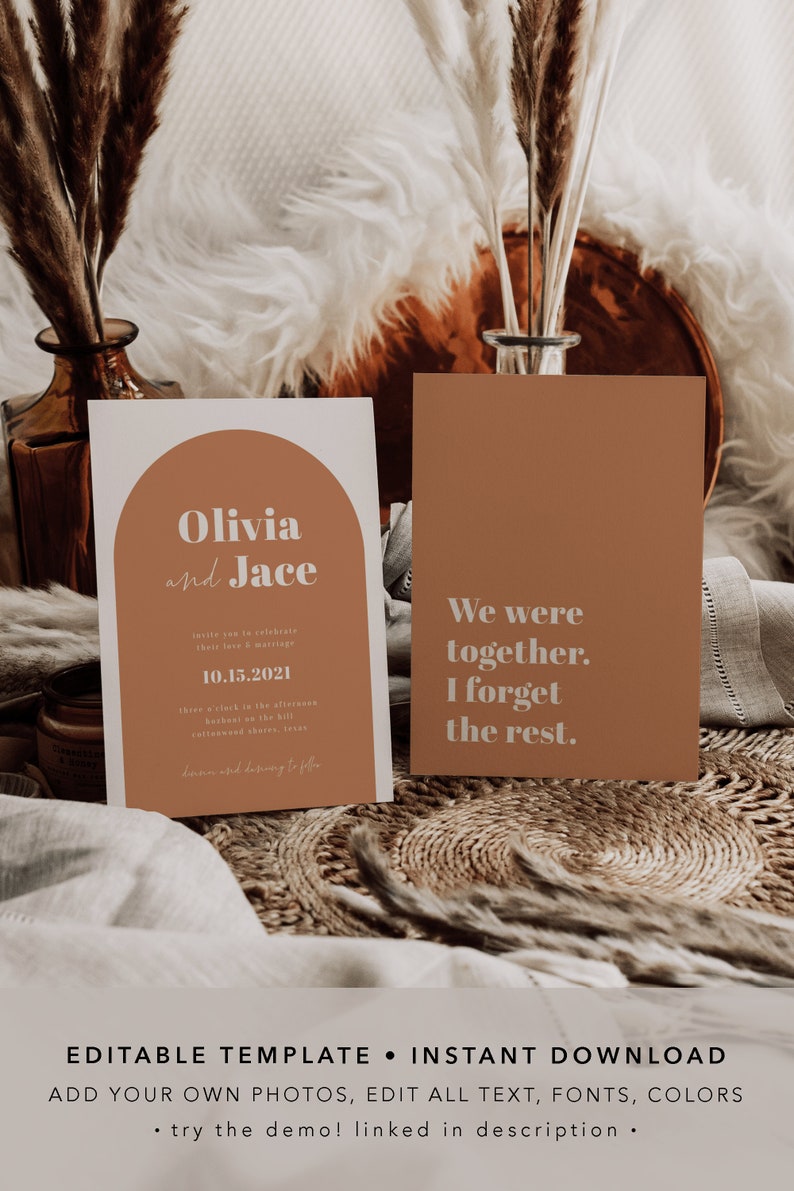 May include: Editable wedding invitation template with a modern arch design in brown and white. The text reads "Olivia and Jace" and "We were together. I forget the rest."