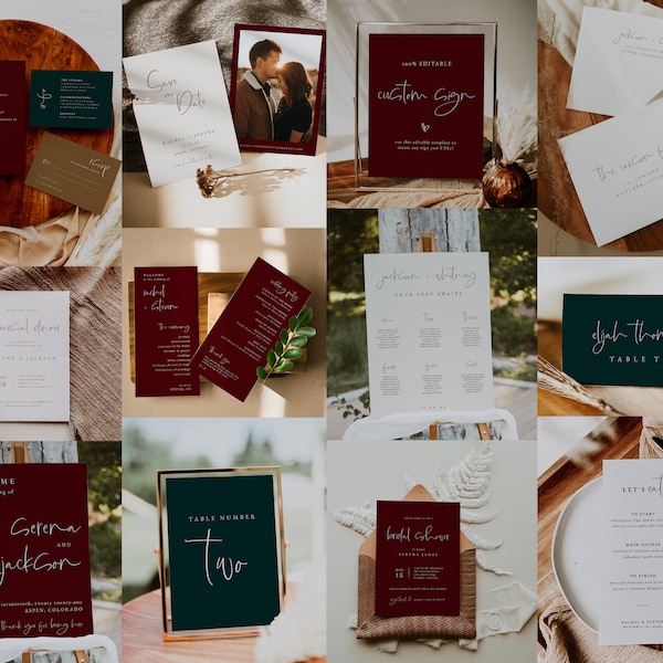 Jewel Tone Wedding Template Bundle | Moody Wedding Suite Bundle | Maroon Wedding Invitation Collection | Printable Modern Wedding Bundle Set