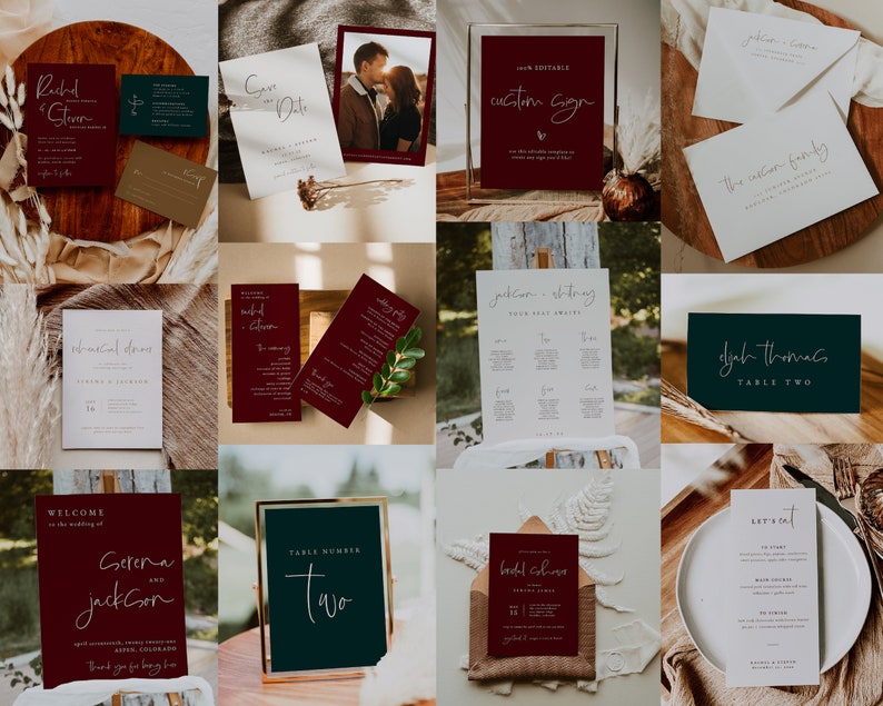 Puede incluir: Una colecci&oacute;n de papeler&iacute;a de boda con un esquema de color burdeos y blanco. La papeler&iacute;a incluye invitaciones, tarjetas de guardar la fecha, n&uacute;meros de mesa y men&uacute;s. El texto en la papeler&iacute;a incluye los nombres "Serena y Jackson", "Mesa Dos" y "Ceremonia de Boda".