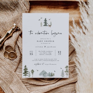 Baby Shower Invitation Template | The Adventure Begins Baby Shower | Forest Baby Shower Invite | Mountains Baby Shower Invite