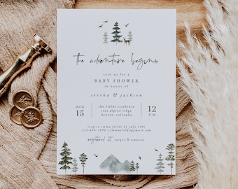 Baby Shower Invitation Template | The Adventure Begins Baby Shower | Forest Baby Shower Invite | Mountains Baby Shower Invite