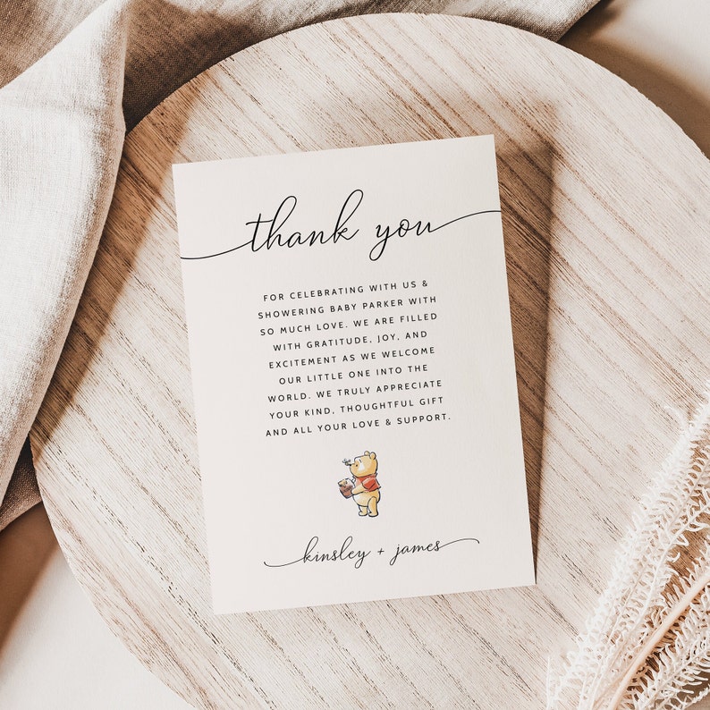 Winnie the Pooh Baby Shower Thank You Card Template, Pooh Bear Baby Shower Thank You Notes, Gender Neutral Baby Shower, Editable Thank Yous