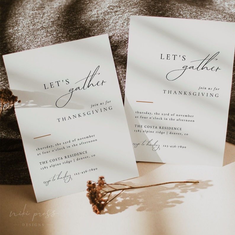 Puede incluir: Dos tarjetas blancas con un dise&ntilde;o minimalista, con el texto "Let's gather" y "Join us for Thanksgiving". Las tarjetas incluyen detalles para una reuni&oacute;n de Acci&oacute;n de Gracias, incluyendo la fecha, la hora, la ubicaci&oacute;n y la informaci&oacute;n de contacto.