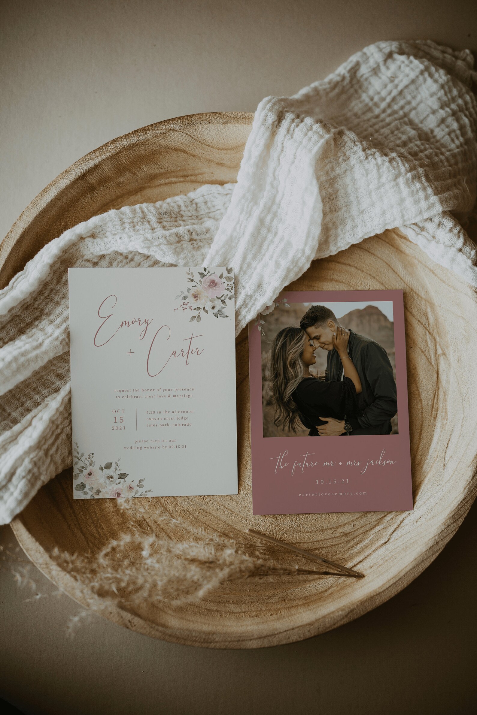 Dusty Rose Wedding Invitation With Photo Template Floral - Etsy