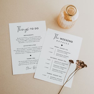 May include: A white wedding weekend details card with black text. The card lists the wedding rehearsal, rehearsal dinner, ceremony, and reception times and locations. The card also includes a farewell brunch on Sunday.