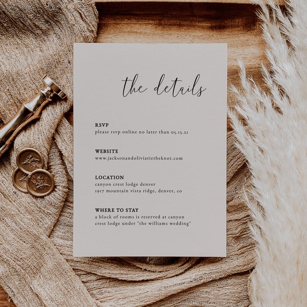 Wedding Details Card Template | Editable Wedding Enclosure Card Insert | Printable Wedding Details Card | Minimalist Wedding Invite | WILLOW