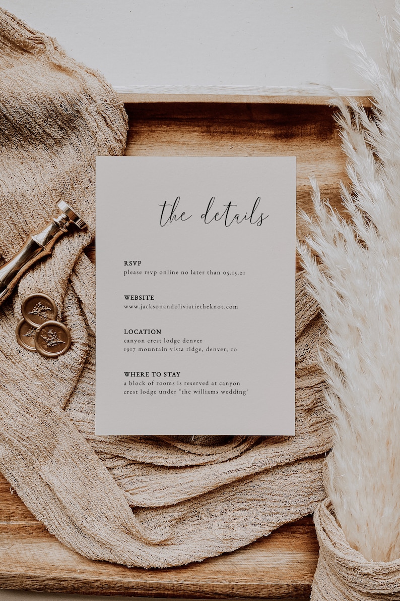 de Carte de mariage Détails du mariage | Insertion de carte de visite de mariage modifiable | imprimable Détails du mariage | Faire-part de mariage minimaliste | SAULE image 1