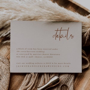 Modelo de cartão de detalhes do casamento — Inserção de cartão de anexo de casamento editável — Cartão de detalhes do casamento para impressão — Coleção Warm Terracotta