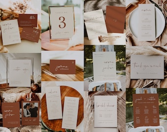 Paquete de plantillas de boda en tonos terracota cálidos — Paquete de suite de boda bohemia — Colección de invitaciones de boda en tonos terracota — Conjunto de boda imprimible