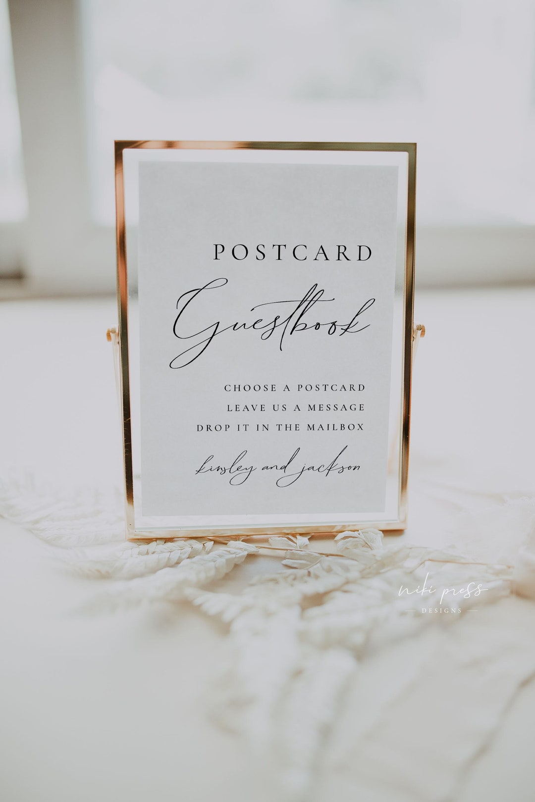Elegant Postcard Guest Book Sign Template, Modern Wedding Guestbook