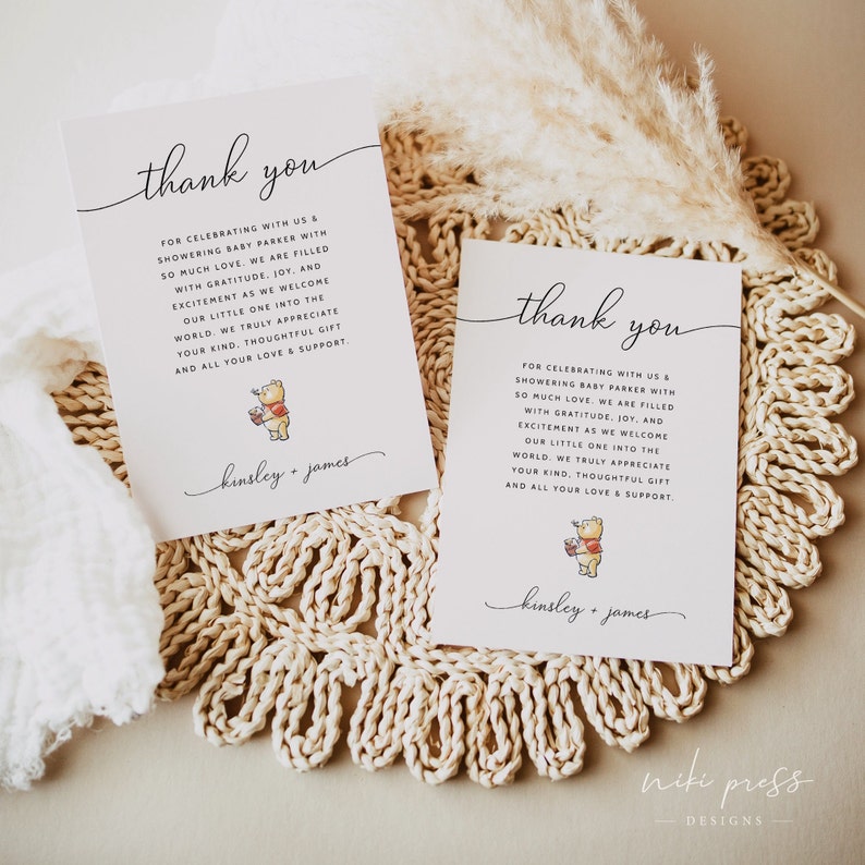 Winnie the Pooh Baby Shower Thank You Card Template, Pooh Bear Baby Shower Thank You Notes, Gender Neutral Baby Shower, Editable Thank Yous