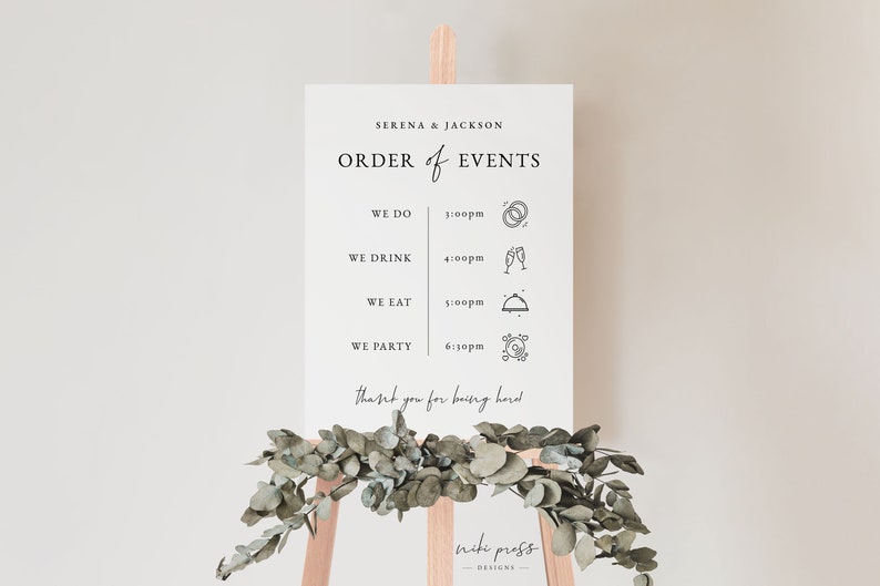 Wedding Order of Events Sign Template, Modern Wedding Welcome Sign, Wedding Timeline Sign, Order of the Day, Ellie Collection image 3