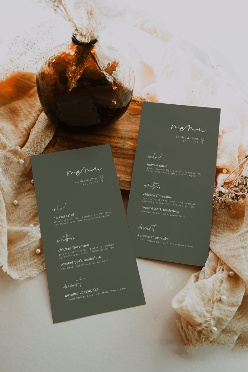 Earthy Olive Wedding Menu Template Modern Boho Wedding Dinner Menu Editable Wedding Menu Instant Download Green Wedding Menu image 1