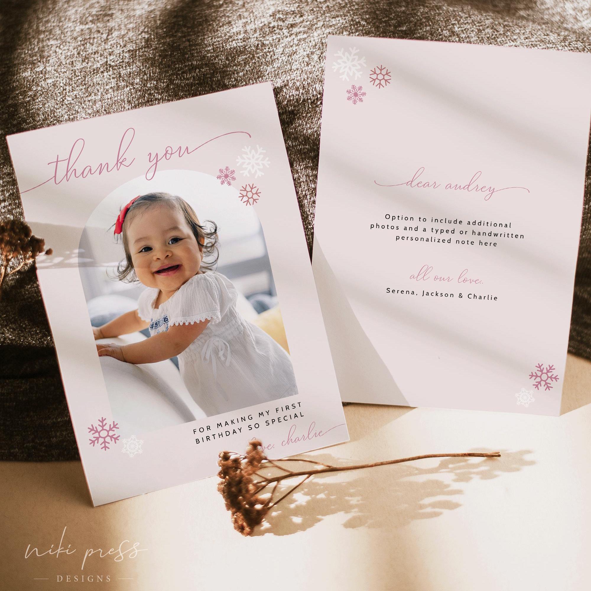 Winter Onederland Birthday Thank You Photo Card Template, Girl ...