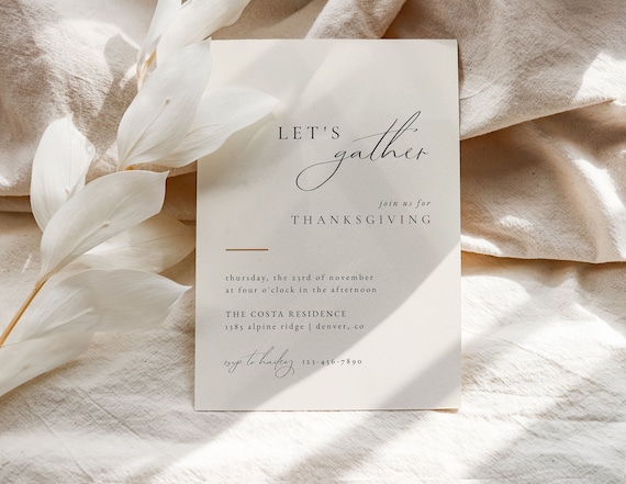 Elegant Minimalist Thanksgiving Invitation Template, Let's Gather Thanksgiving Evite, Modern Thanksgiving Dinner Invite Printable or Digital