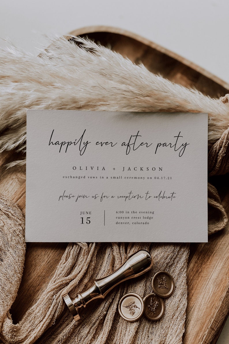 Happily Ever After Party Invitation Template Printable Elopement Reception Invitation Minimalist Boho Wedding Reception Invite image 1