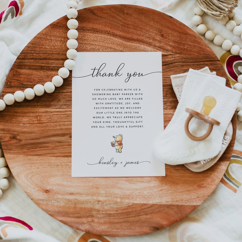 Winnie the Pooh Baby Shower Thank You Card Template, Pooh Bear Baby Shower Thank You Notes, Gender Neutral Baby Shower, Editable Thank Yous