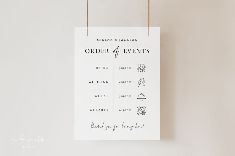 Wedding Order of Events Sign Template, Modern Wedding Welcome Sign, Wedding Timeline Sign, Order of the Day, Ellie Collection image 5