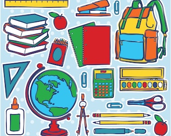 Paquete de arte de suministros escolares, escuela PNG JPG Clipart, material escolar png, escuela png, arte de regreso a la escuela, mochila escolar, imágenes prediseñadas de calculadora