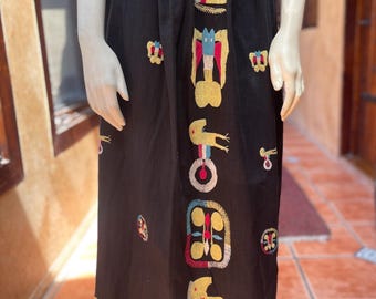 Vintage Aananda Embroidered Skirt | Indian Folk Art | Black Cotton Maxi