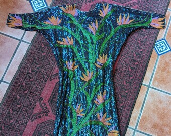 Vintage Sequin & Beaded Bird of Paradise Dress