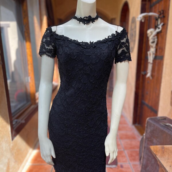 90s Black Embroidered Lace "Pretty Woman" Dress, XS/S