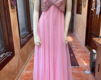 Vintage Mike Benet Formals Pink Chiffon Beaded Formal Gown | S/M