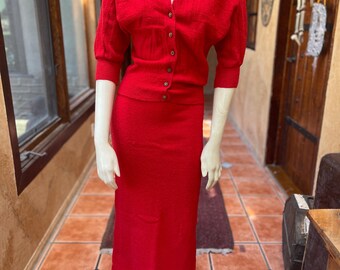Late 1940s Red Boucle Knit Two Piece Skirt Set | AS-IS | Small