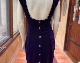 Vintage New Yorkers Purple Velvet Dress | Jewel Trim Open Back | 80s 90s Evening Dress, XS
