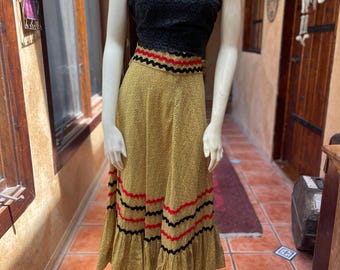 1940s–50s Taos Fiesta Fashions Full Cotton Skirt | Yellow Ditsy Floral | Red and Black Rickrack