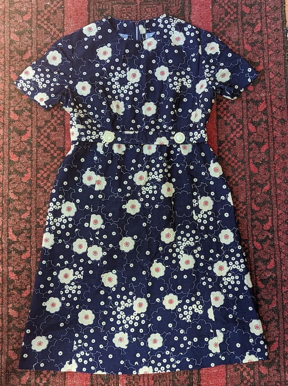 50's Dark Blue Dress with White Flowers, S