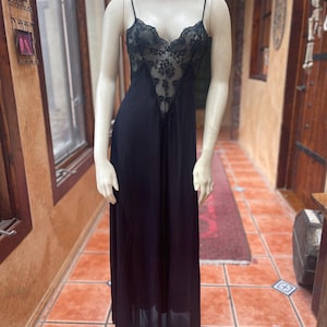 Vintage 70s Olga Nightgown | Black Nylon Full Length | XS/S